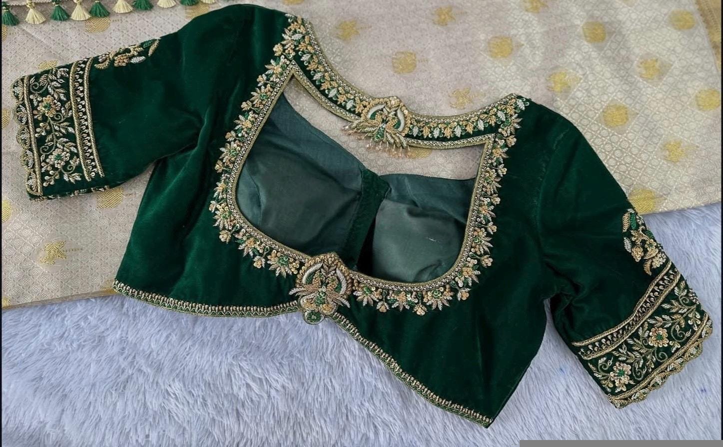 pure velvet hand embroidery blouse/modern saree maggam blouse/green zardosi blouse/ hand embroidered blouse/green velvet ready made blouse