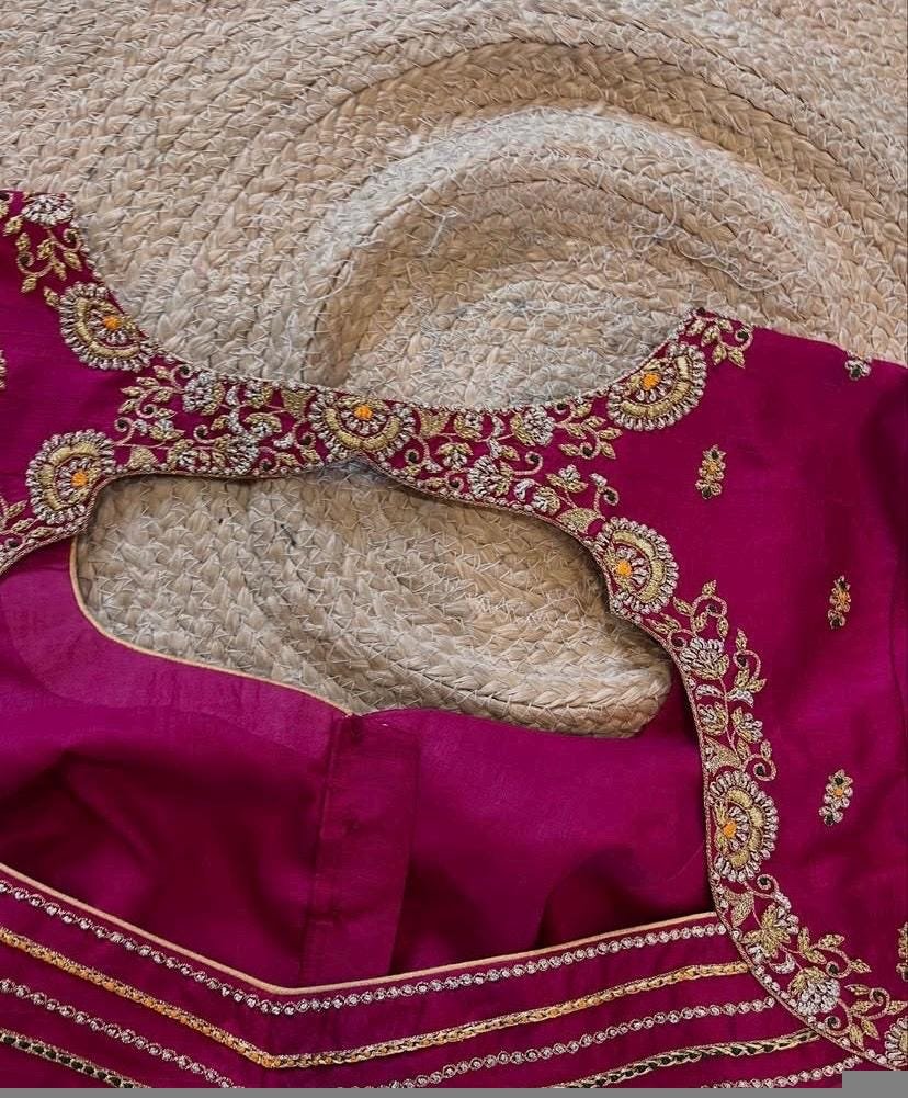 Pink Raw Silk Zardosi Blouse: Hand Embroidered Maggam Work,mix and match blouse,pink handwork blouse,plus-size blouse,magenta pink blouse