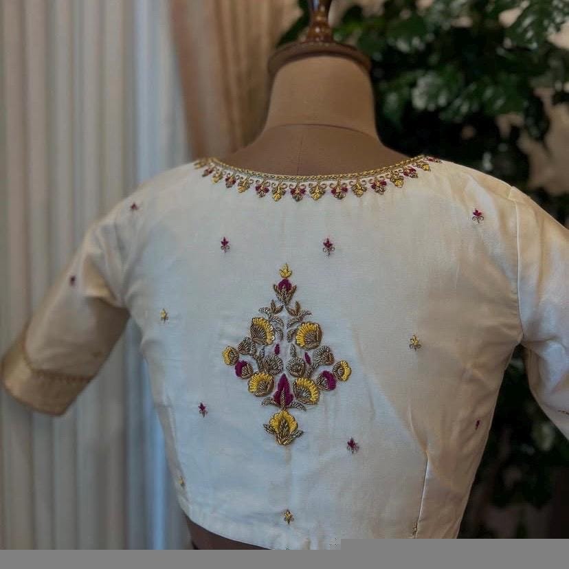 pure silk hand embroidery blouse /cream maggam blouse /raw silk zardosi blouse / multicolor chand embroidered blouse/ready handwork blouse