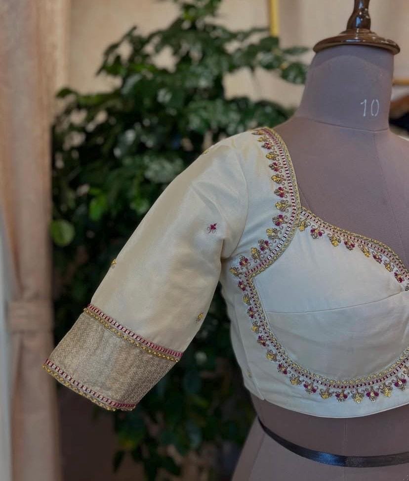 pure silk hand embroidery blouse /cream maggam blouse /raw silk zardosi blouse / multicolor chand embroidered blouse/ready handwork blouse