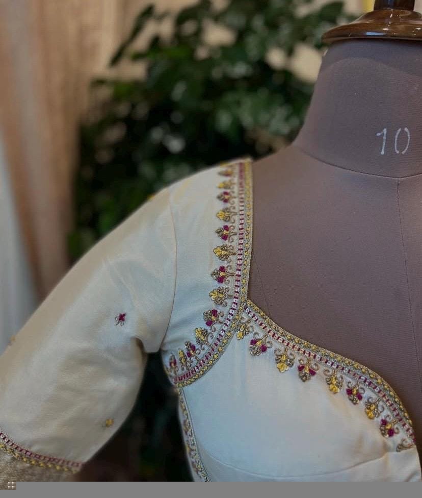 pure silk hand embroidery blouse /cream maggam blouse /raw silk zardosi blouse / multicolor chand embroidered blouse/ready handwork blouse