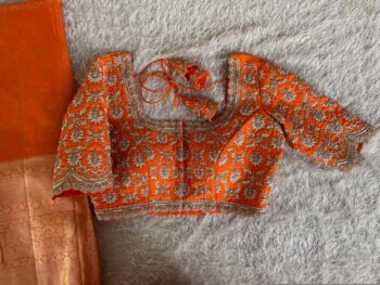 Orange Raw Silk Saree Blouse: Hand Embroidered Zardosi Maggam,orange saree blouse,mix and match blouse, orange Maggam blouse,wedding blouse