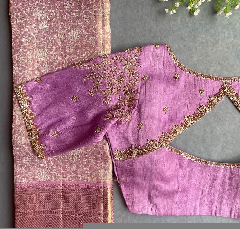 Lavender Hand Embroidered Silk Blouse: Zardosi Maggam Work,lavender blouse,mix and match blouse,plus size blouse,lavender hand work blouse