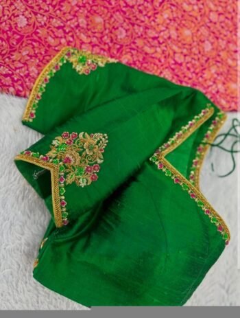 Hand Embroidered Zardosi Blouse: Parrot Green Raw Silk Saree Top,green maggam blouse,mehendi green blouse,mix and match blouse,plus size