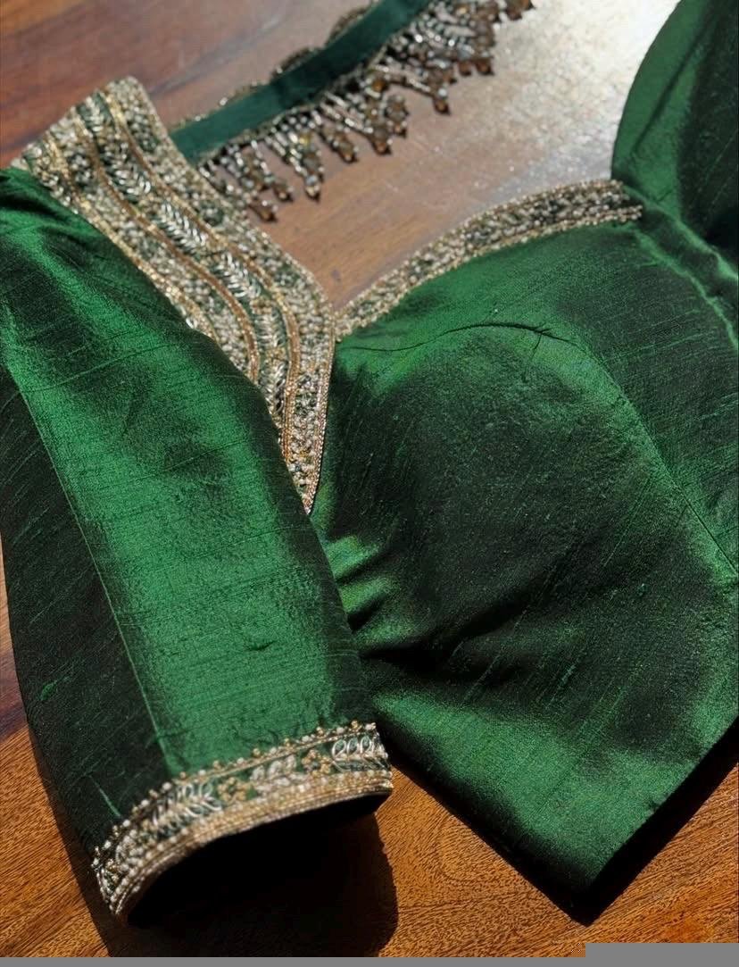 Hand Embroidered Zardosi Silk Blouse: Green Maggam Work, V-Neck,green maggam blouse,mix and match blouse,plus size blouse,green blouse usa