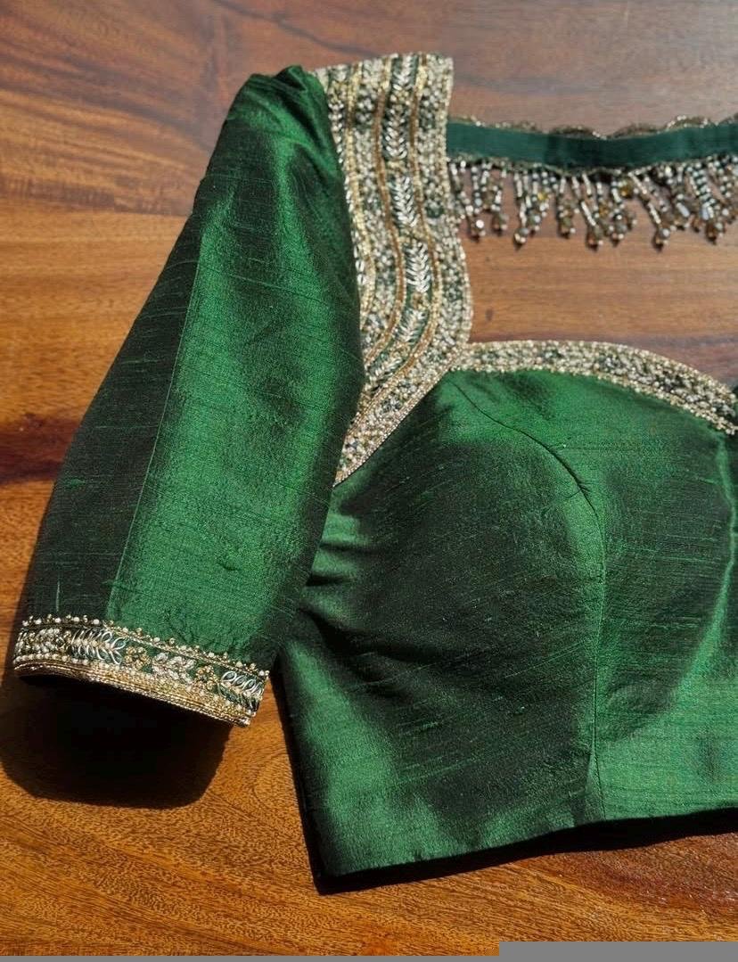 Hand Embroidered Zardosi Silk Blouse: Green Maggam Work, V-Neck,green maggam blouse,mix and match blouse,plus size blouse,green blouse usa