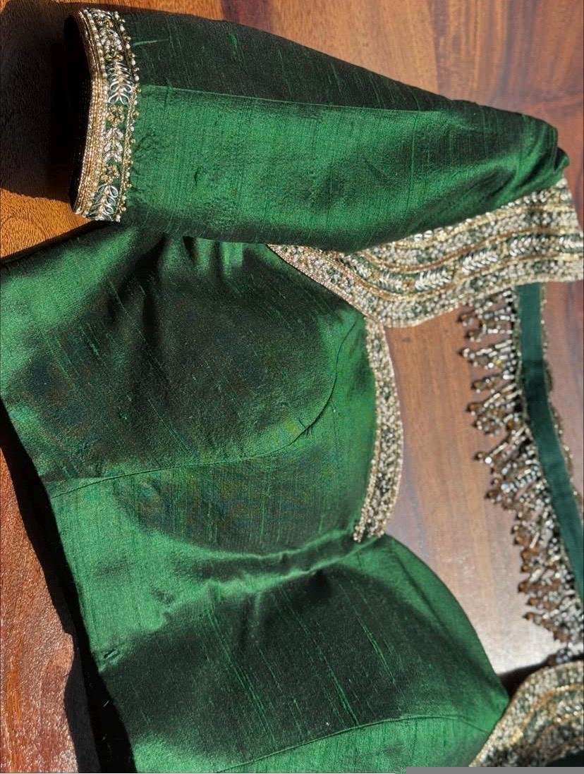 Hand Embroidered Zardosi Silk Blouse: Green Maggam Work, V-Neck,green maggam blouse,mix and match blouse,plus size blouse,green blouse usa