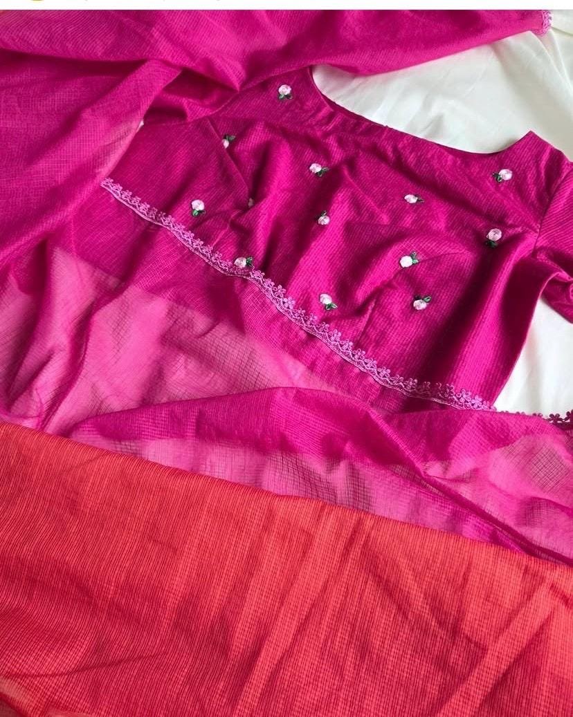 Ombre Kota Cotton Saree: Pink Orange with Embroidered Blouse,Kota saree,light weight saree, summer saree,pink ombre saree with blouse usa
