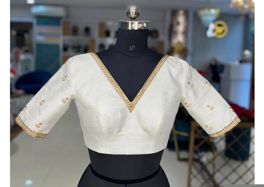 pure silk hand embroidery blouse/cream saree maggam blouse/raw silk zardosi blouse/hand embroidered blouse/cream ready made blouse zardosi