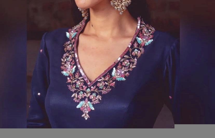 Hand embroidered Anarkali with scallop dupatta/navy blue anarkali suit/georgette anarkali dupatta USA/Indian dresses/anarkali dupatta set u