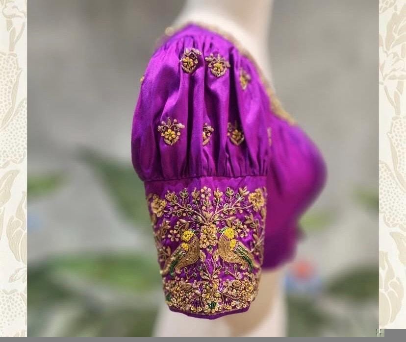Purple hand embroidery blouse/purple maggam blouse/puff sleeve zardosi blouse/hand embroidered blouse/ready made blouse zardosi/blue blouse