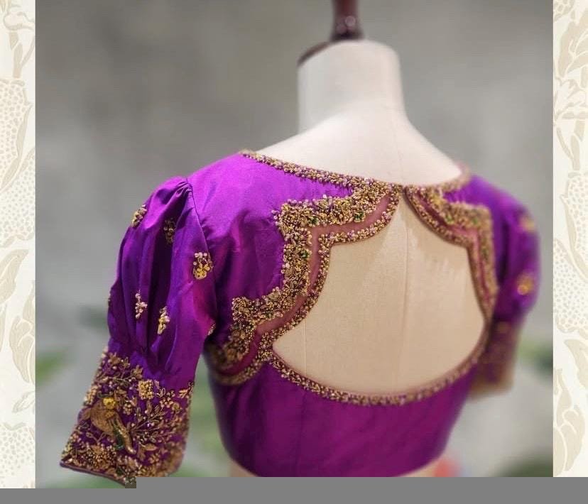 Purple hand embroidery blouse/purple maggam blouse/puff sleeve zardosi blouse/hand embroidered blouse/ready made blouse zardosi/blue blouse