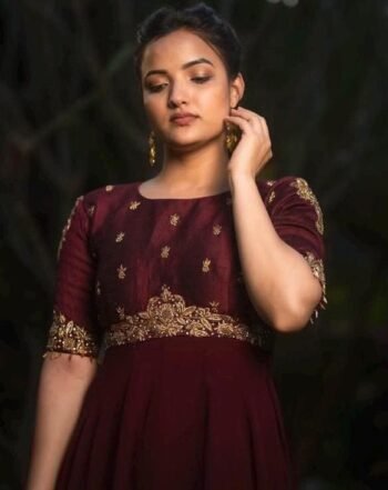 Hand embroidered Anarkali with dupatta/brown anarkali suit set/chinnon silk anarkali dupatta Indian dresses/anarkali dress with dupatta