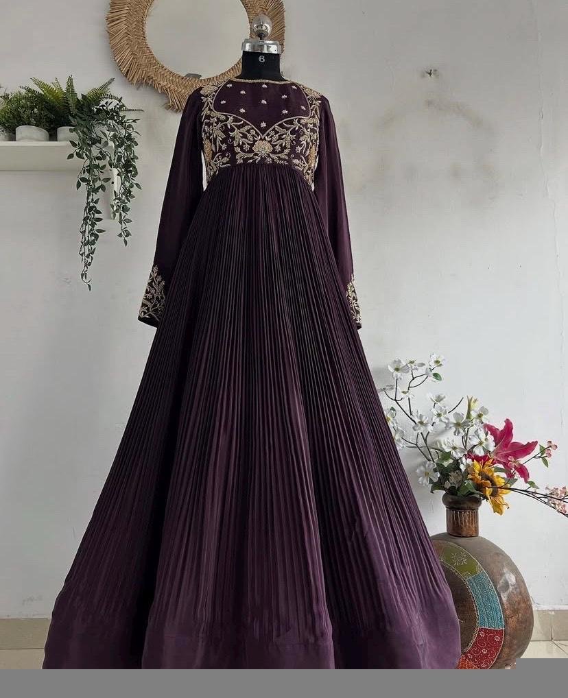 Hand embroidered Anarkali with dupatta/plum anarkali suit set/chinnon silk anarkali dupatta USA/Indian dresses/anarkali dress with dupatta