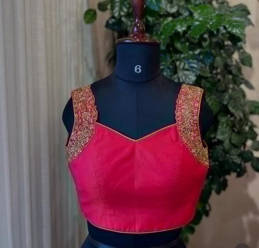 Pure Silk Hand Embroidered Saree Blouse: Pink Zardosi Maggam Work, pink sleeveless blouse,pink mix and match blouse,plus size blouse usa