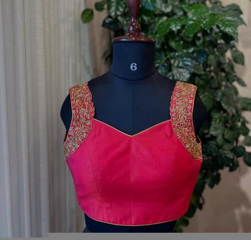 Pure Silk Hand Embroidered Saree Blouse: Pink Zardosi Maggam Work, pink sleeveless blouse,pink mix and match blouse,plus size blouse usa
