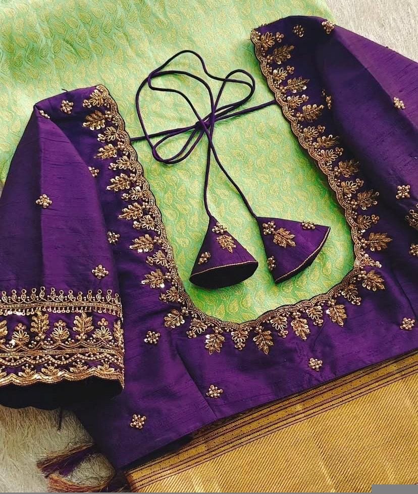 pure silk hand embroidery blouse/ saree maggam blouse/purple zardosi blouse usa/hand embroidered moderblouse/ ready made blouse zardosi usa