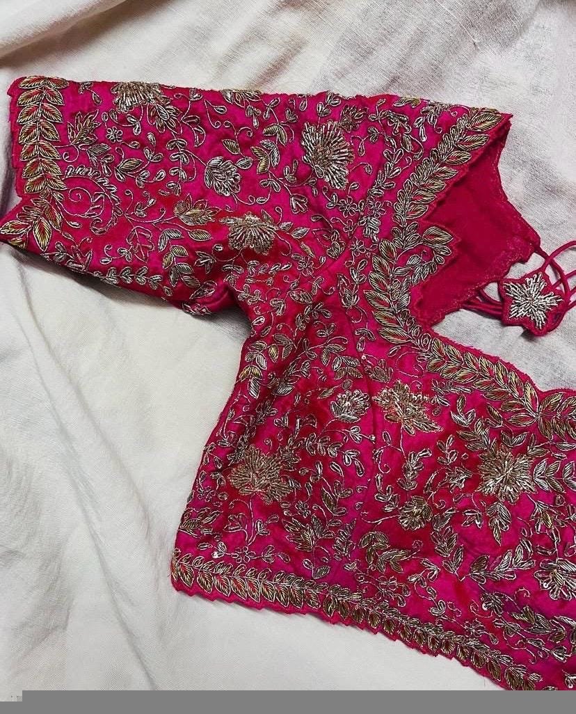 pure silk hand embroidery bridal blouse/maggam blouse/pink bridal work blouse/pink hand embroidered blouse/heavy embroidery wedding blouse