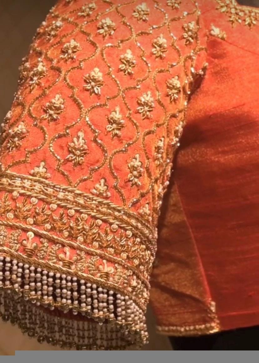 Orange Raw Silk Saree Blouse: Hand Embroidered Zardosi Maggam, orange tissue blouse,orange mix and match blouse,plus size blouse,hand work