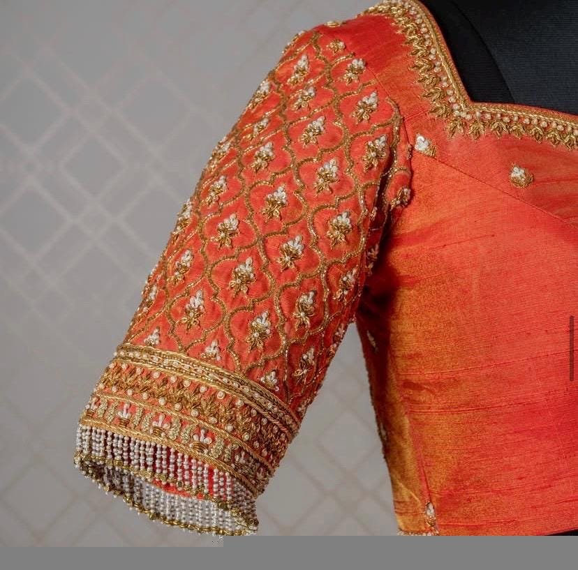 Orange Raw Silk Saree Blouse: Hand Embroidered Zardosi Maggam, orange tissue blouse,orange mix and match blouse,plus size blouse,hand work