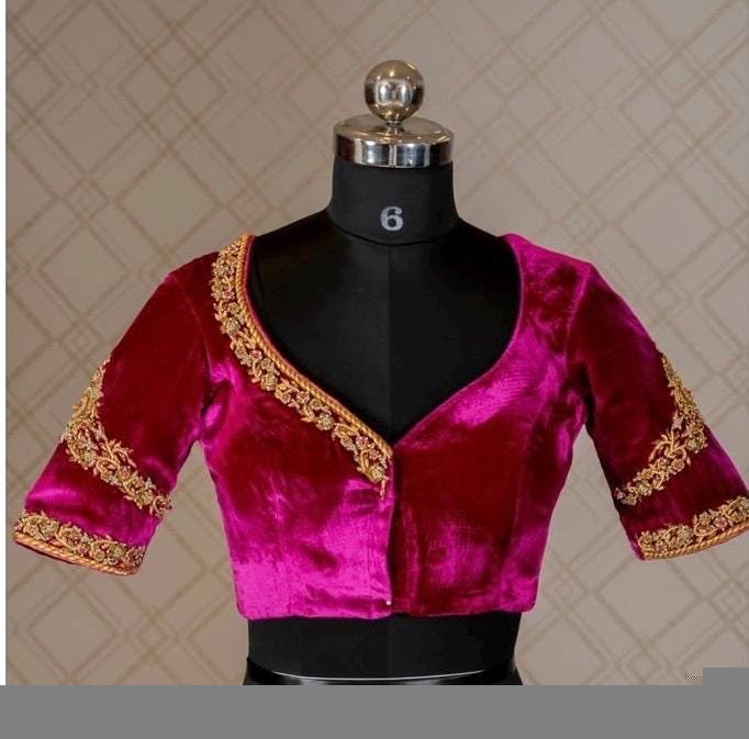 pure velvet hand embroidery blouse /modern saree maggam blouse/hot pink zardosi blouse/hand embroidered blouse/pink velvet ready made blouse