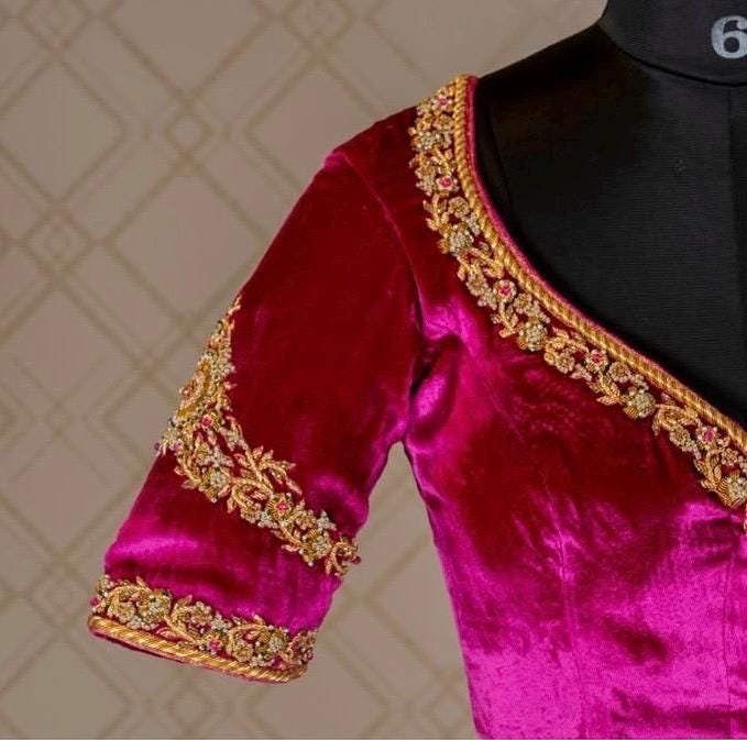 pure velvet hand embroidery blouse /modern saree maggam blouse/hot pink zardosi blouse/hand embroidered blouse/pink velvet ready made blouse