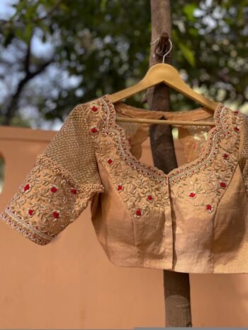 Hand Embroidered Zardosi Silk Blouse: Golden Beige Bridal Top,tissue blouse,golden Maggam blouse,gold blouse,plus size blouse,mix and match