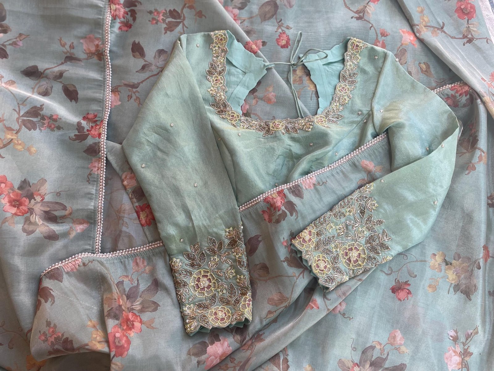 Green tissue silk saree with hand embroidered blouse/pista green saree with hand work blouse|floral sarees / floral silk saree with blouse