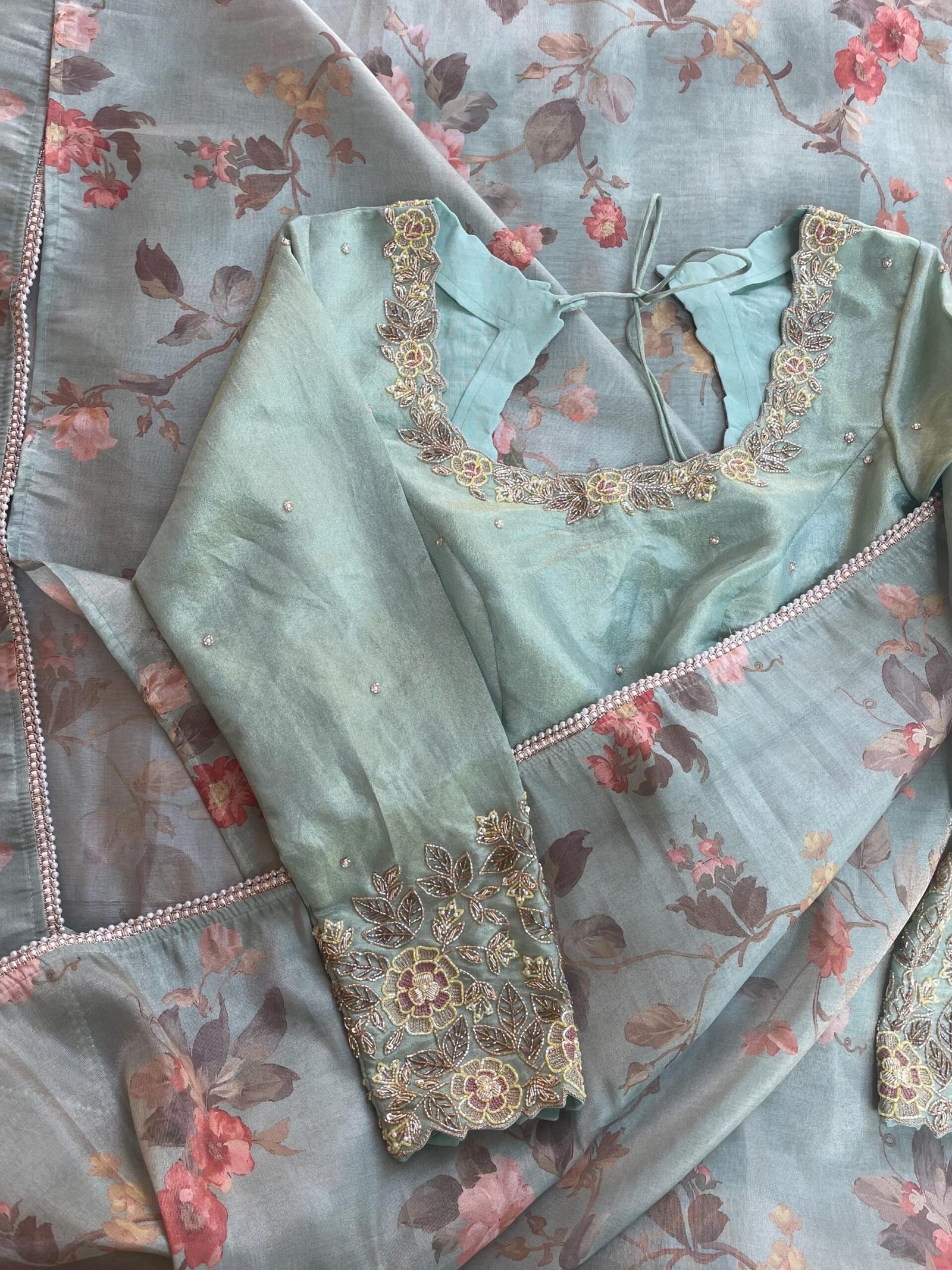 Green tissue silk saree with hand embroidered blouse/pista green saree with hand work blouse|floral sarees / floral silk saree with blouse