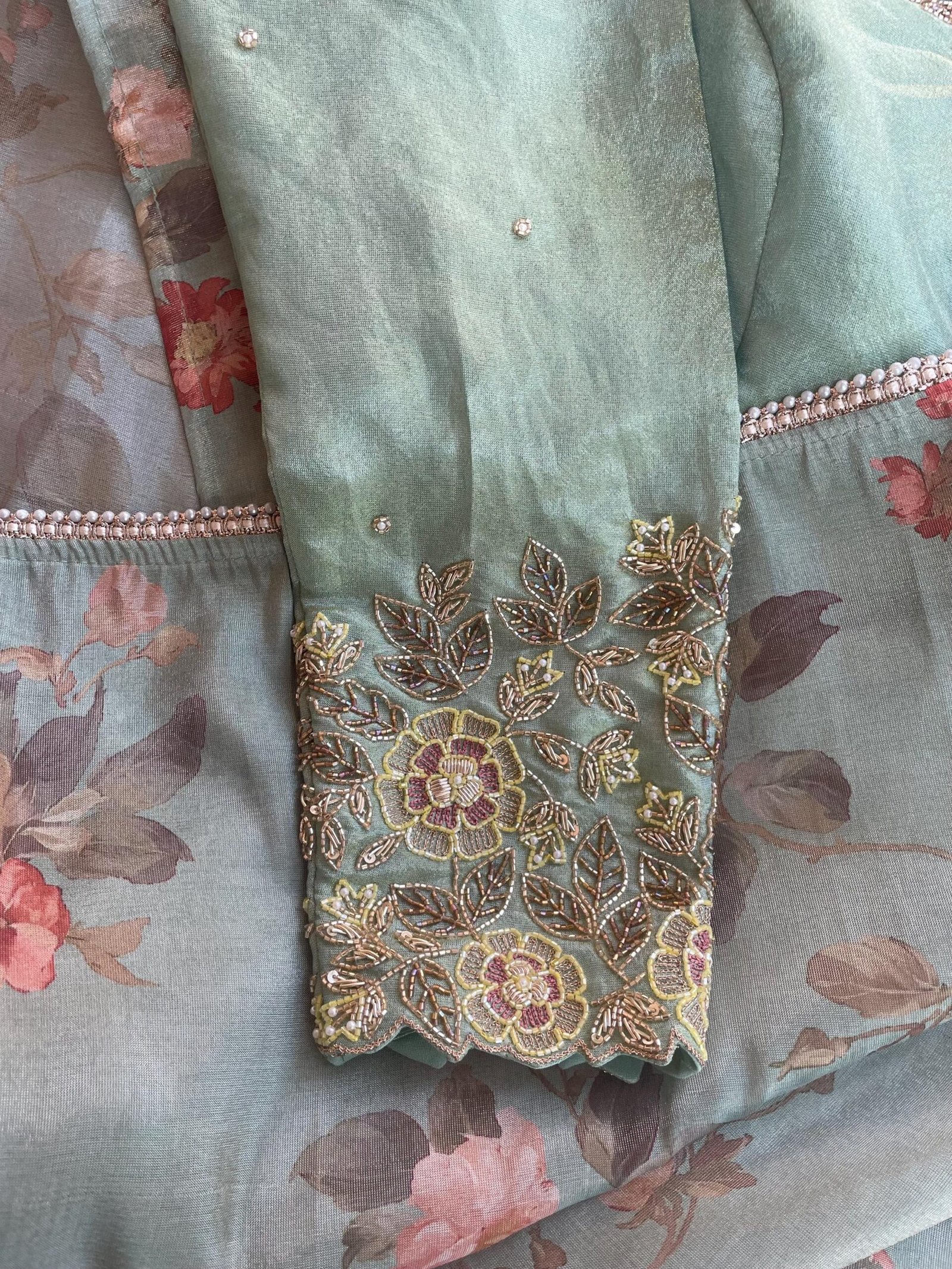 Green tissue silk saree with hand embroidered blouse/pista green saree with hand work blouse|floral sarees / floral silk saree with blouse