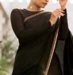 Pure silk cocktailsaree/black sari with hand embroidery/satin silk saree with designer blouse /black saree,party saree,full sleeve blouse us