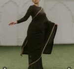 Pure silk cocktailsaree/black sari with hand embroidery/satin silk saree with designer blouse /black saree,party saree,full sleeve blouse us