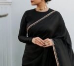 Pure silk cocktailsaree/black sari with hand embroidery/satin silk saree with designer blouse /black saree,party saree,full sleeve blouse us