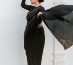 Pure silk cocktailsaree/black sari with hand embroidery/satin silk saree with designer blouse /black saree,party saree,full sleeve blouse us