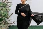Pure silk cocktailsaree/black sari with hand embroidery/satin silk saree with designer blouse /black saree,party saree,full sleeve blouse us