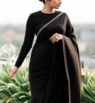 Pure silk cocktailsaree/black sari with hand embroidery/satin silk saree with designer blouse /black saree,party saree,full sleeve blouse us