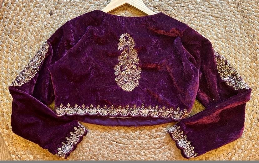 Pink hand embroidery blouse/velvet saree maggam blouse/velvet zardosi blouse/pink hand embroidered blouse/heavy maggam full sleeve blouse us
