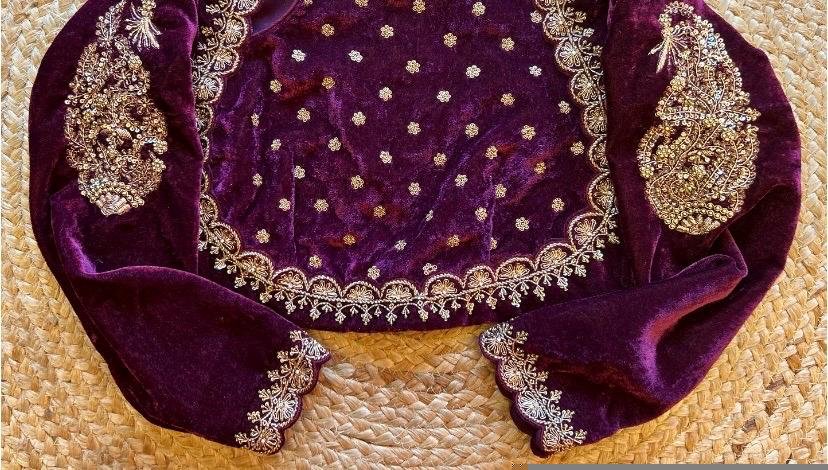 Pink hand embroidery blouse/velvet saree maggam blouse/velvet zardosi blouse/pink hand embroidered blouse/heavy maggam full sleeve blouse us