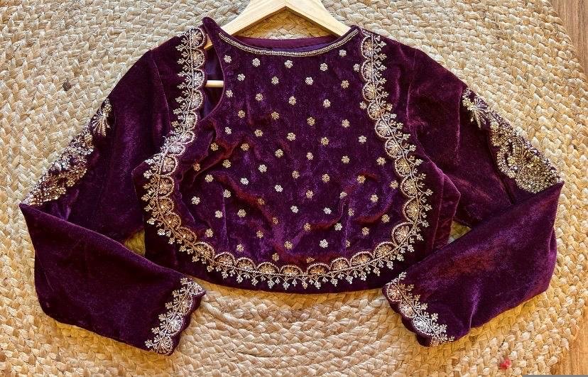Pink hand embroidery blouse/velvet saree maggam blouse/velvet zardosi blouse/pink hand embroidered blouse/heavy maggam full sleeve blouse us