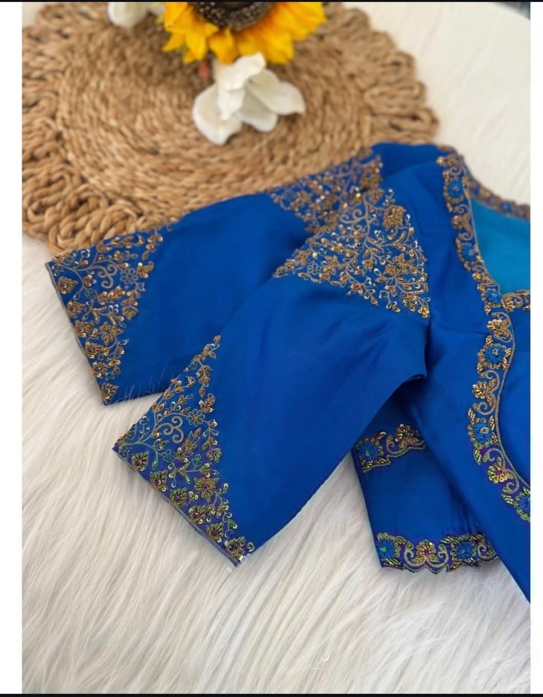 Blue Silk Hand Embroidered Blouse: Zardosi Maggam Work,turquoise blue blouse,mix and match blouse,plus size Blouse,blue maggam blouse USA