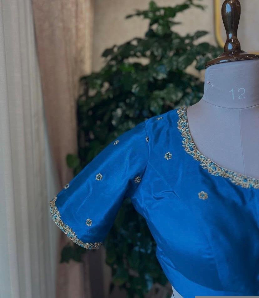 Blue Silk Hand Embroidered Blouse: Zardosi Maggam Work,turquoise blue blouse,mix and match blouse,plus size Blouse,blue maggam blouse USA