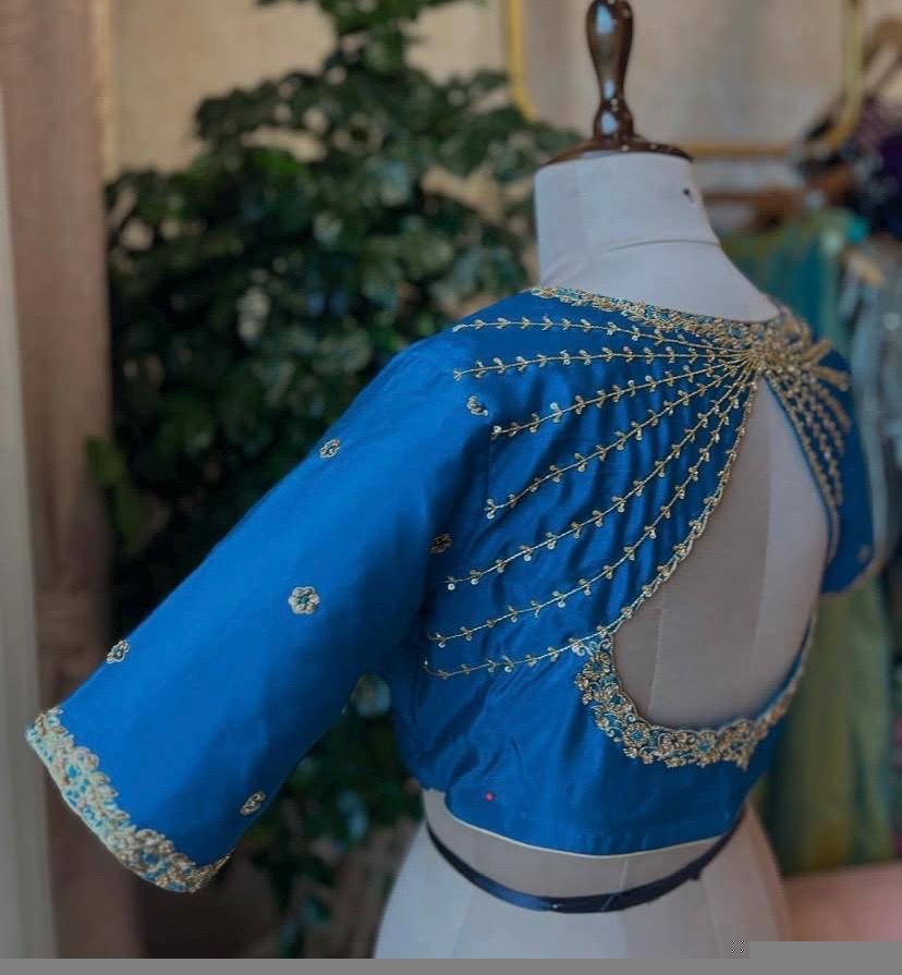 Blue Silk Hand Embroidered Blouse: Zardosi Maggam Work,turquoise blue blouse,mix and match blouse,plus size Blouse,blue maggam blouse USA
