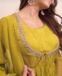 Hand Embroidered Pista Green Chanderi Silk Anarkali Suit with Kota Dupatta,light anarkali,plus size kurta, mehendi outfit,Indian wedding usa