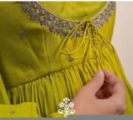Hand Embroidered Pista Green Chanderi Silk Anarkali Suit with Kota Dupatta,light anarkali,plus size kurta, mehendi outfit,Indian wedding usa