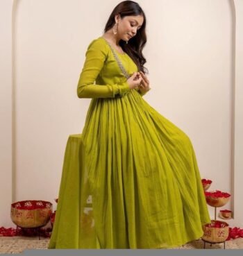 Hand Embroidered Pista Green Chanderi Silk Anarkali Suit with Kota Dupatta,light anarkali,plus size kurta, mehendi outfit,Indian wedding