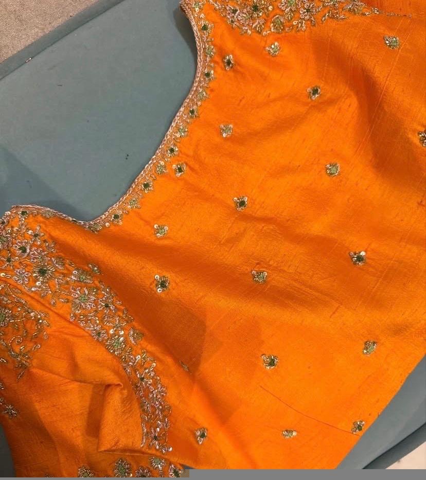 Hand Embroidered Zardosi Silk Blouse: Orange Saree Top,orange hand work blouse,mix and match blouse,plus size blouse,orange saree blouse usa