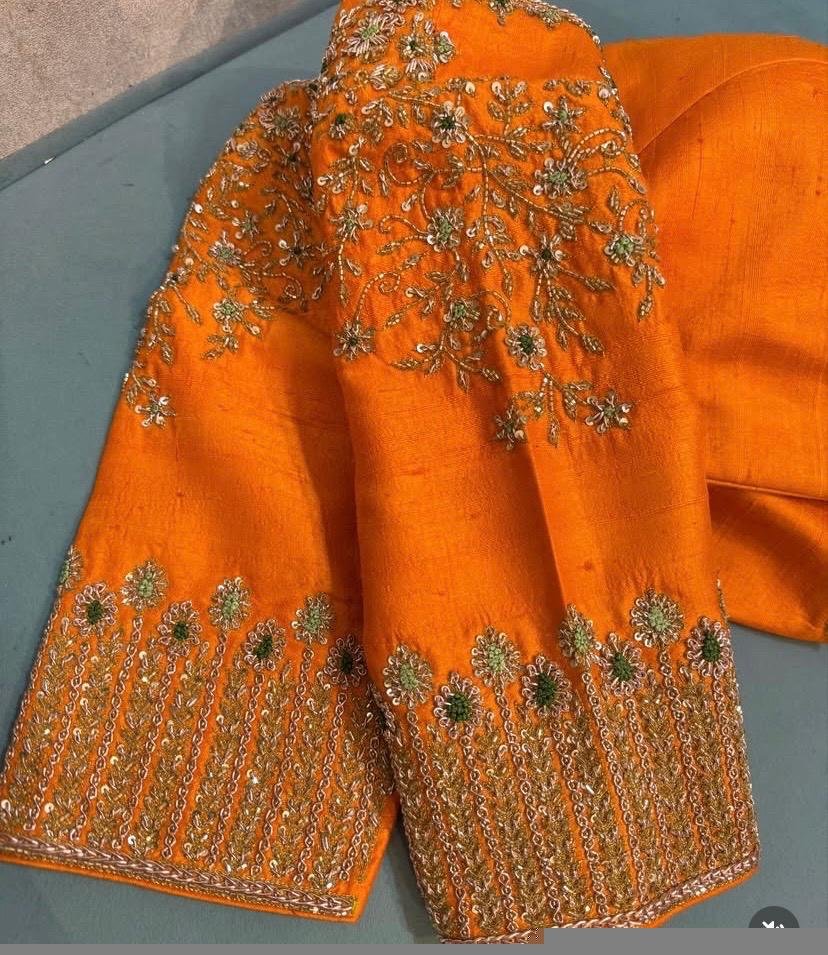 Hand Embroidered Zardosi Silk Blouse: Orange Saree Top,orange hand work blouse,mix and match blouse,plus size blouse,orange saree blouse usa