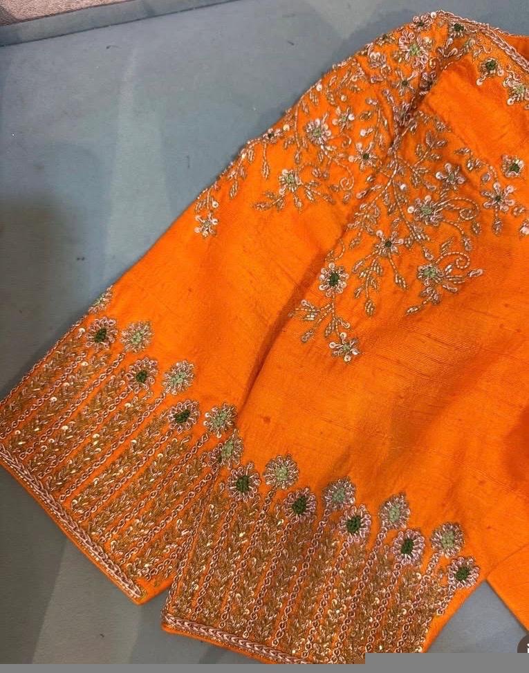 Hand Embroidered Zardosi Silk Blouse: Orange Saree Top,orange hand work blouse,mix and match blouse,plus size blouse,orange saree blouse usa