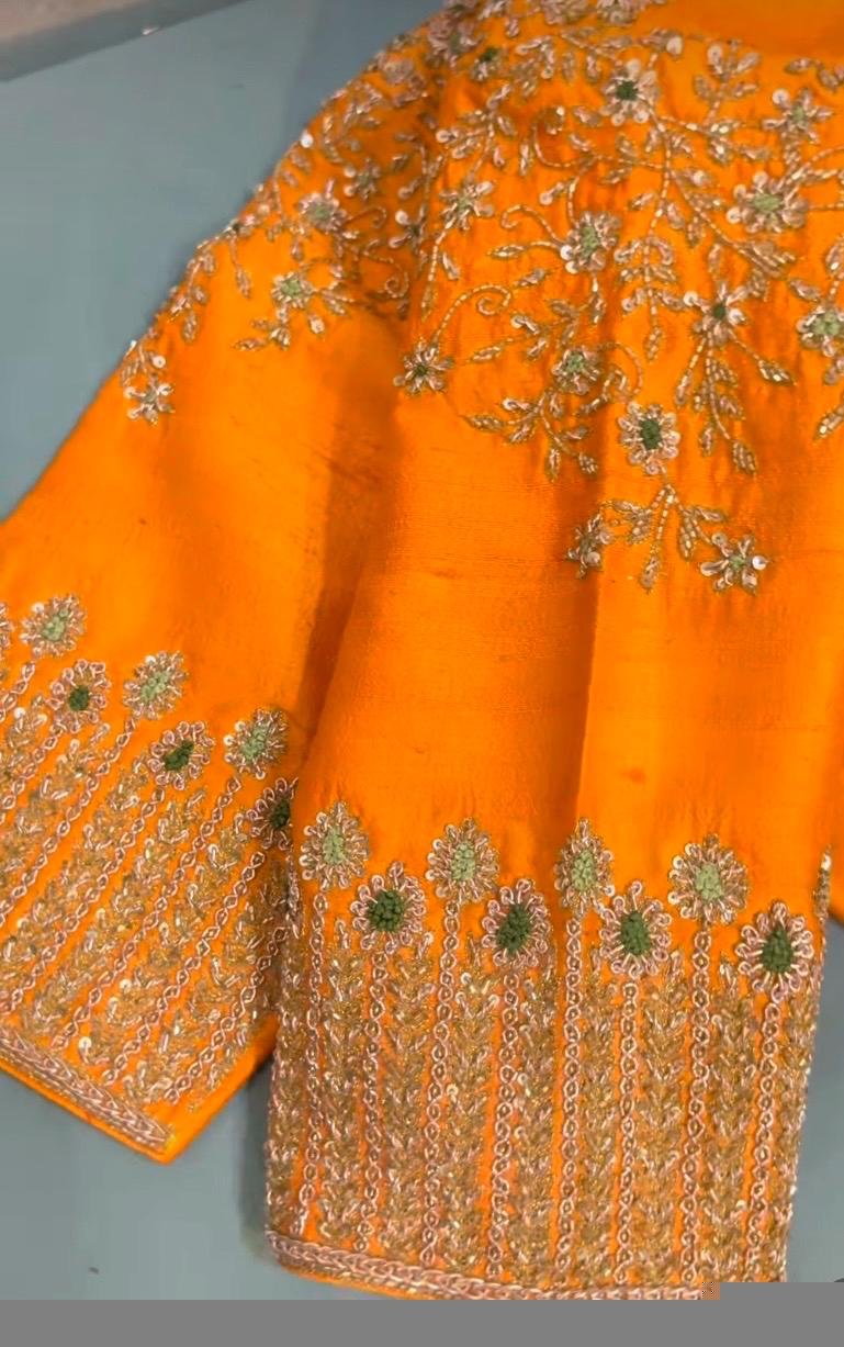 Hand Embroidered Zardosi Silk Blouse: Orange Saree Top,orange hand work blouse,mix and match blouse,plus size blouse,orange saree blouse usa