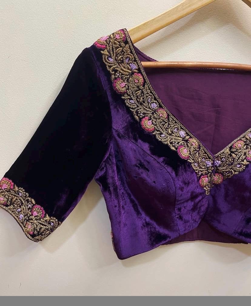 Purple Velvet Saree Blouse: Hand Embroidered Zardosi Maggam,purple maggam blouse,mix and match saree blouse,plus size blouse,pure velvet